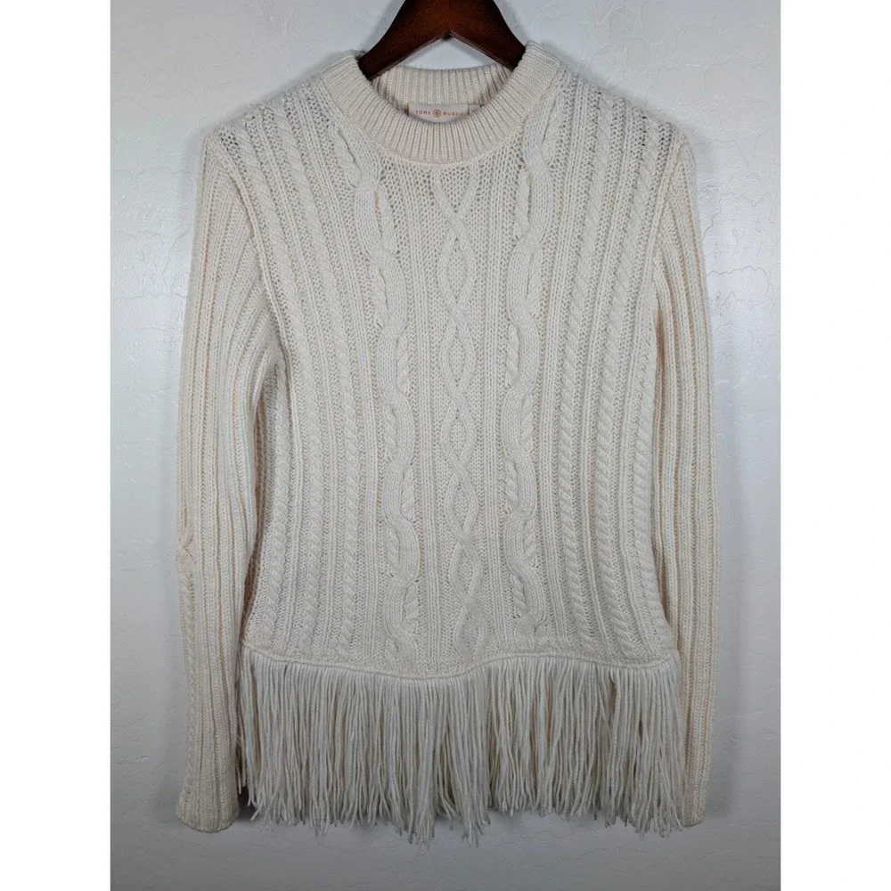 Tory Burch Ivory Cable-Knit Fringe Sweater